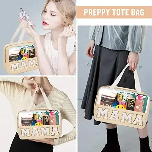 Preppy Clear Mama Makeup Bags with Chenille Letter Patches, Travel Essentials Large Clear Make up Bag Zipper Pouch with Handle, Waterproof Nylon Cosmetic Toiletry Storage Tote for Women (MAMA-Beige) - 6