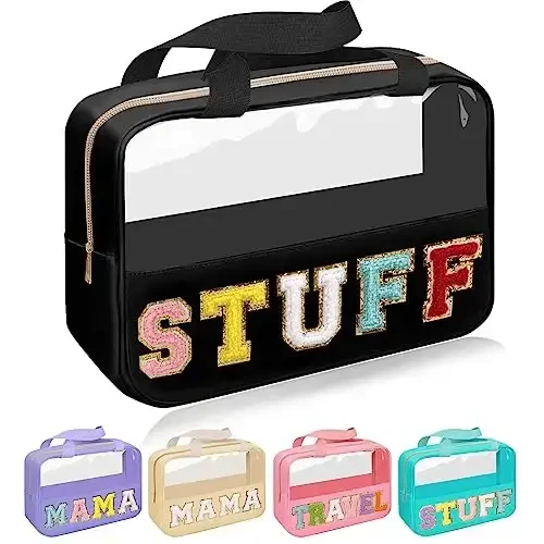 Chenille Letter Patch Stuff Bag, Preppy Clear Makeup Cosmetic Bag Large Toiletry Storage Tote Bag with Handle, Transparent Nylon Waterproof Organizer Zipper Pouch for Travel Women Girls(Black) - 1