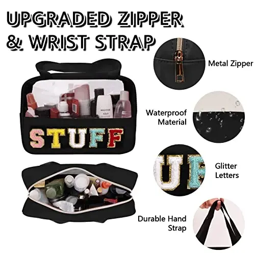 Chenille Letter Patch Stuff Bag, Preppy Clear Makeup Cosmetic Bag Large Toiletry Storage Tote Bag with Handle, Transparent Nylon Waterproof Organizer Zipper Pouch for Travel Women Girls(Black) - 3