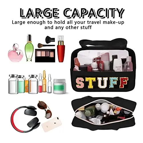 Chenille Letter Patch Stuff Bag, Preppy Clear Makeup Cosmetic Bag Large Toiletry Storage Tote Bag with Handle, Transparent Nylon Waterproof Organizer Zipper Pouch for Travel Women Girls(Black) - 4