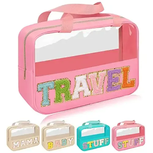Chenille Letter Patch Travel Bag, Preppy Clear Makeup Cosmetic Bag Large Toiletry Storage Tote Bag with Handle, Transparent Nylon Waterproof Organizer Zipper Pouch for Travel Women Girls(Pink) - 1