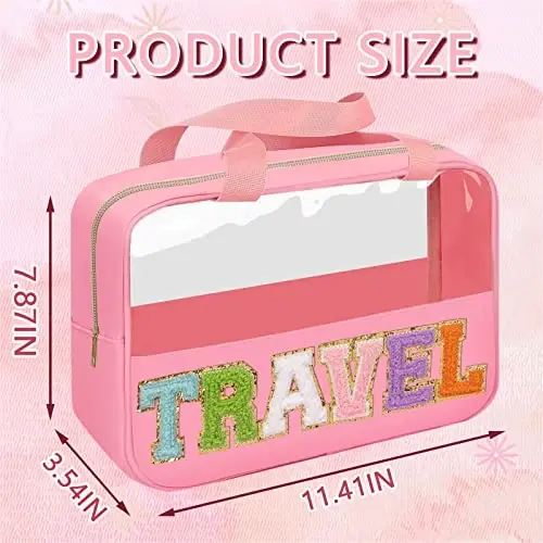 Chenille Letter Patch Travel Bag, Preppy Clear Makeup Cosmetic Bag Large Toiletry Storage Tote Bag with Handle, Transparent Nylon Waterproof Organizer Zipper Pouch for Travel Women Girls(Pink) - 2