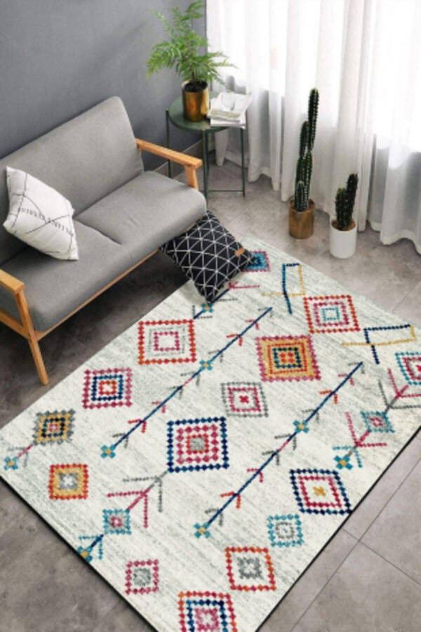 Şönil Kilim Desenli Modern Halı (MAKİNADA YIKANABİLİR SÜNGERLİ DOT/KEÇE TABAN) - Cp658 - Renkli - 13