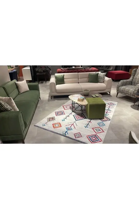 Şönil Kilim Desenli Modern Halı (MAKİNADA YIKANABİLİR SÜNGERLİ DOT/KEÇE TABAN) - Cp658 - Renkli - 2