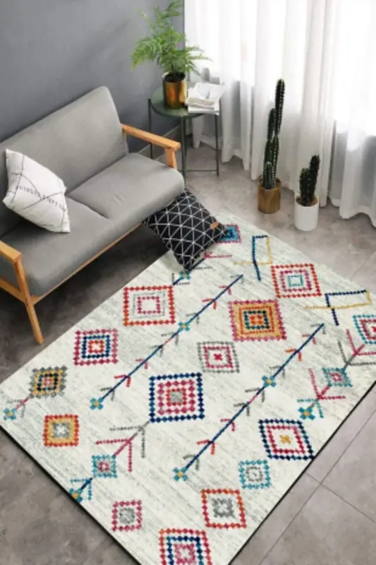 Şönil Kilim Desenli Modern Halı (MAKİNADA YIKANABİLİR SÜNGERLİ DOT/KEÇE TABAN) - Cp658 - Renkli - 6