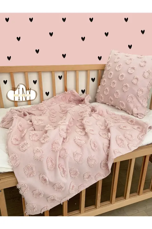 Şönil Pike Ponponlu Özel Tasarım Kumaş Bebek Kundak Battaniyesi 100x100 Cm - pembe - 2