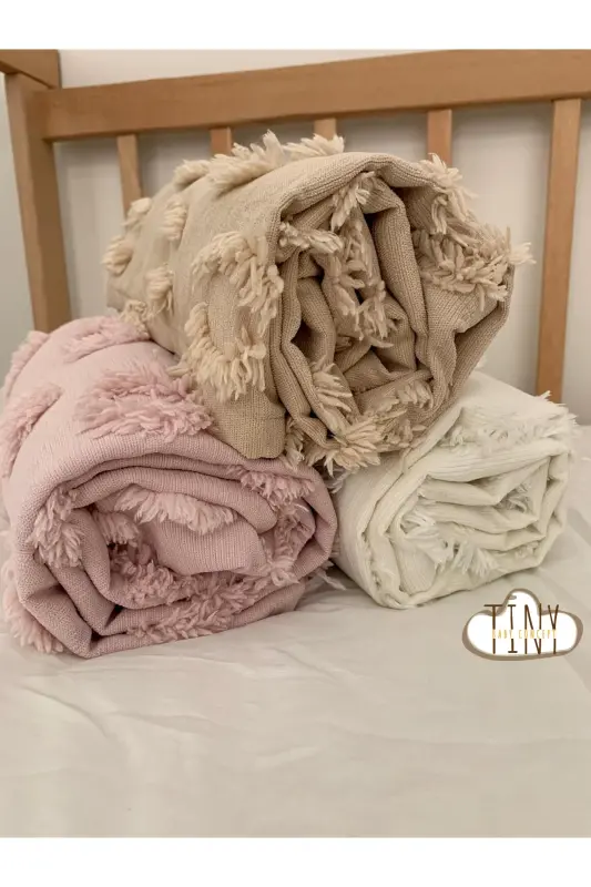 Şönil Pike Ponponlu Özel Tasarım Kumaş Bebek Kundak Battaniyesi 100x100 Cm - pembe - 3