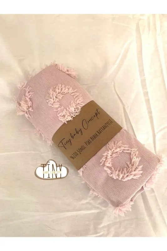 Şönil Pike Ponponlu Özel Tasarım Kumaş Bebek Kundak Battaniyesi 100x100 Cm - pembe - 4