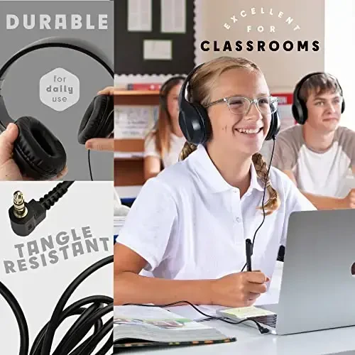 Sonitum Bulk Kids Headphones for School with Microphones - 5-Pack On-Ear 3.5mm Wired Headphones for Schools -Comfy Wired Kids Headphones with in-Line Mics – School Headphones for Kids - 5