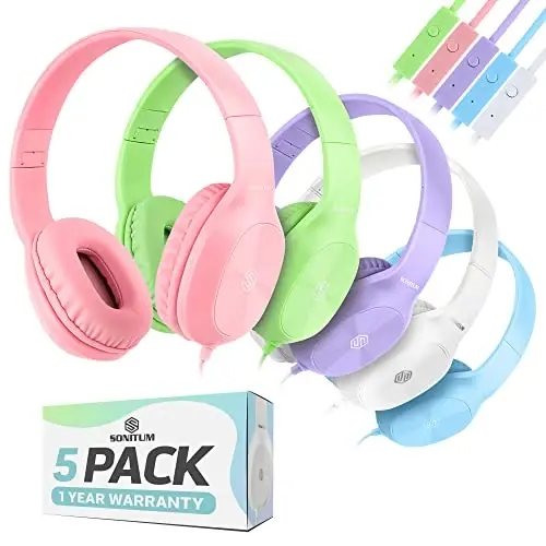 Sonitum Bulk Kids Headphones for School with Microphones - 5-Pack On-Ear 3.5mm Wired Headphones for Schools -Comfy Wired Kids Headphones with in-Line Mics – School Headphones for Kids - SONITUM