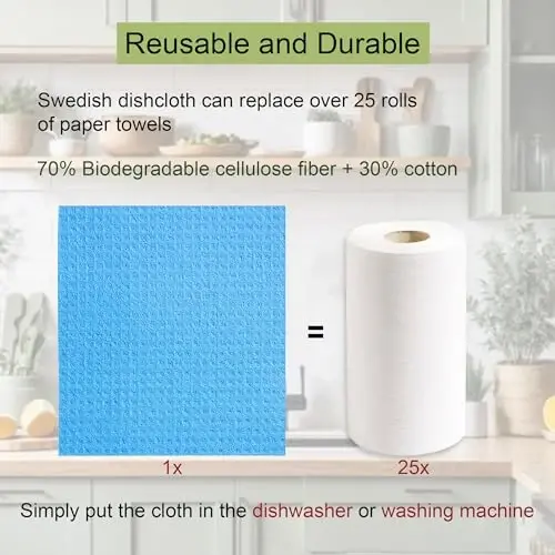 AMOUR INFINI Swedish Dishcloth Cellulose Sponge 8 Pack - No Odor, Resuable and Absorbent Cleaning Cloths for Kitchen, Bathroom, Glass Surface, Furniture (8
