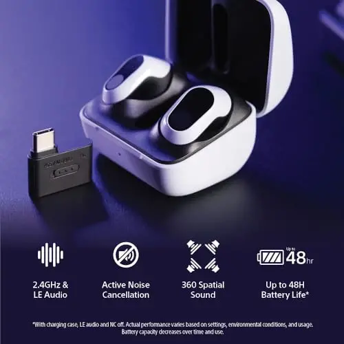 Sony INZONE Buds Haqiqi Simsiz Shovqinni Bezovta qilmaydigan O'yin Quloqchinlari, Zaryadlash Qutisi bilan 24 soatlik Batareya, PC, PS5, 360 Fazoviy Ovoz, 30ms Kam Kechikish, USB-C Dongle va LE Audio (LC3), WF-G700N Qora - 2