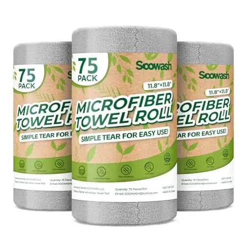 SOOWASH Microfiber Cleaning Cloths Roll 225 Pack 12x12 Inch Lint Free | Tear away design, lint free, washable, scratch free, ultra absorbent, for dish rags and household cleaning, Grey color - 1