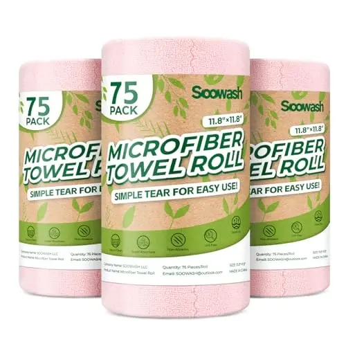 SOOWASH Microfiber Cleaning Cloths Roll 225 Pack 12x12 Inch Lint Free | Tear away design, lint free, washable, scratch free, ultra absorbent, for dish rags and household cleaning, Pink color 