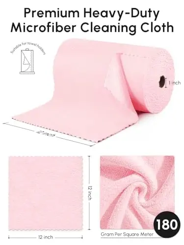 SOOWASH Microfiber Cleaning Cloths Roll 225 Pack 12x12 Inch Lint Free | Tear away design, lint free, washable, scratch free, ultra absorbent, for dish rags and household cleaning, Pink color - 3