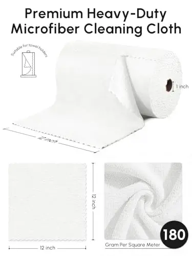 SOOWASH Microfiber Cleaning Cloths Roll 225 Pack 12x12 Inch Lint Free | Tear away design, lint free, washable, scratch free, ultra absorbent, for dish rags and household cleaning, White color - 3