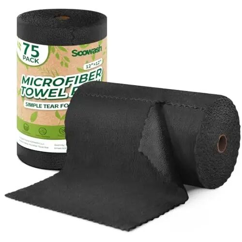SOOWASH Microfiber Cleaning Cloths Roll 75 Pack 12x12 Inch Lint Free | Tear away design, lint free, washable, scratch free, ultra absorbent, for dish rags and household cleaning, Black color - SOOWASH