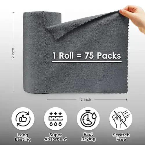SOOWASH Microfiber Cleaning Cloths Roll, 75 Pack Tear Away Microfiber Towels Roll, 12