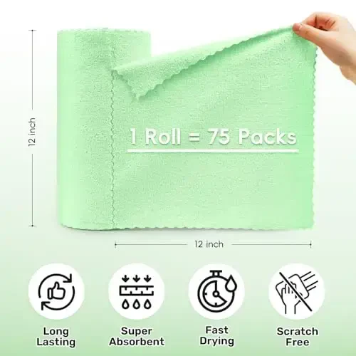 SOOWASH Microfiber Cleaning Cloths Roll, 75 Pack Tear Away Microfiber Towels Roll, 12