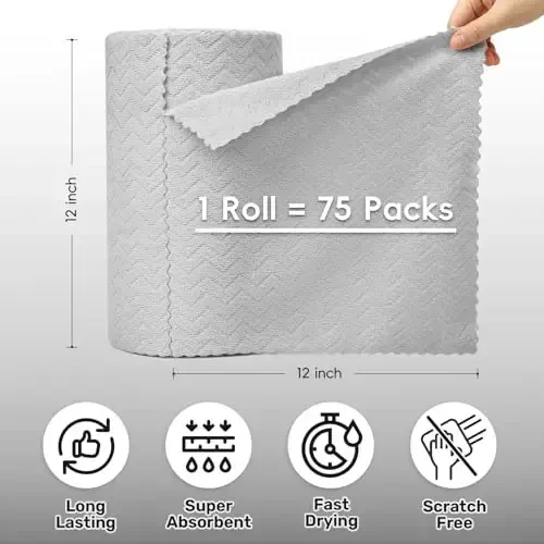 SOOWASH Microfiber Cleaning Cloths Roll, 75 Pack Tear Away Microfiber Towels Roll, 12