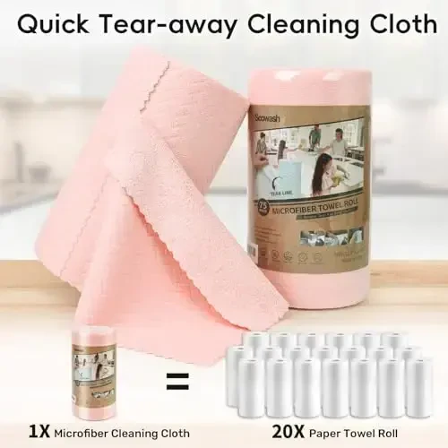 SOOWASH Microfiber Cleaning Cloths Roll, 75 Pack Tear Away Microfiber Towels Roll, 12