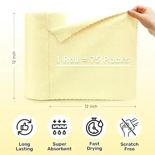SOOWASH Microfiber Cleaning Cloths Roll, 75 Pack Tear Away Microfiber Towels Roll, 12
