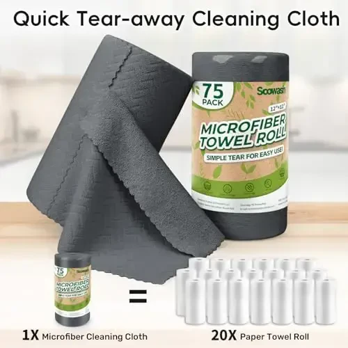 SOOWASH Microfiber Cleaning Cloths Roll, 75 Pack Tear Away Microfiber Towels Roll, 12