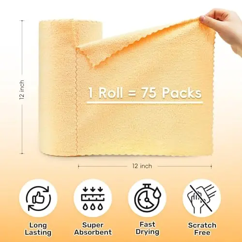 SOOWASH Microfiber Tozalash Mato Rulosi, 75 dona Yirtiqsiz Mikrofiber Sochiqlar Rulosi, 12