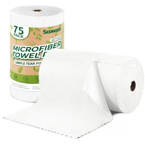 SOOWASH Microfiber Cleaning Cloths Roll 75 Pack 12x12 Inch Lint Free | Tear away design, lint free, washable, scratch free, ultra absorbent, for dish rags and household cleaning, White color 