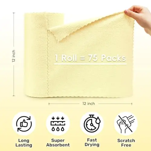 SOOWASH Microfiber Cleaning Cloths Roll, 75 Pack Tear Away Microfiber Towels Roll, 12