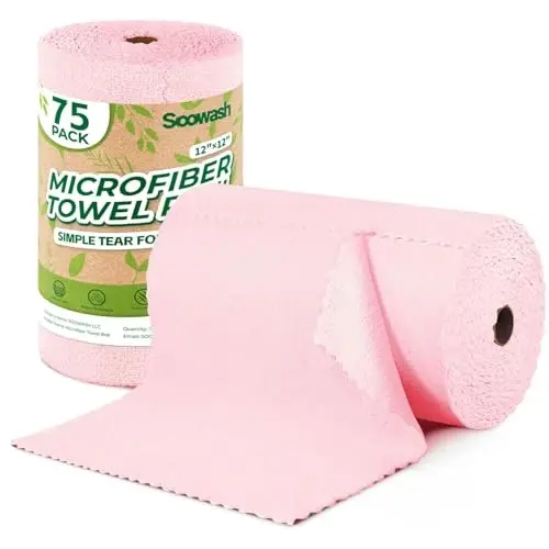 SOOWASH Microfiber Cleaning Cloths Roll 75 Pack 12x12 Inch Lint Free | Tear away design, lint free, washable, scratch free, ultra absorbent, for dish rags and household cleaning, Pink color 