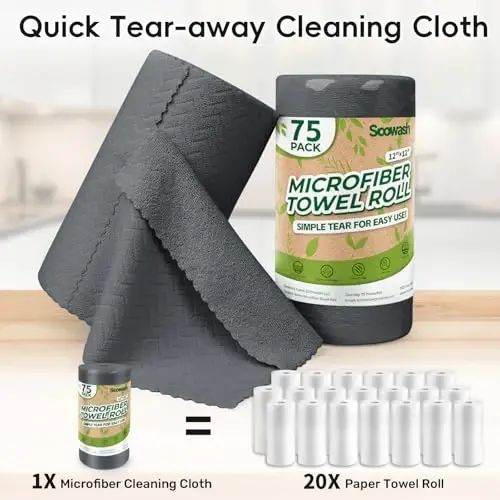 SOOWASH Microfiber Cleaning Cloths Roll, 75 Pack Tear Away Microfiber Towels Roll, 12