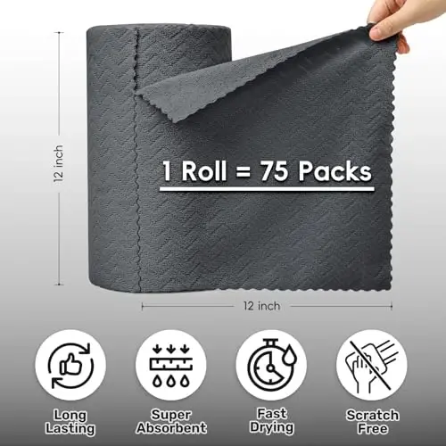 SOOWASH Microfiber Cleaning Cloths Roll, 75 Pack Tear Away Microfiber Towels Roll, 12