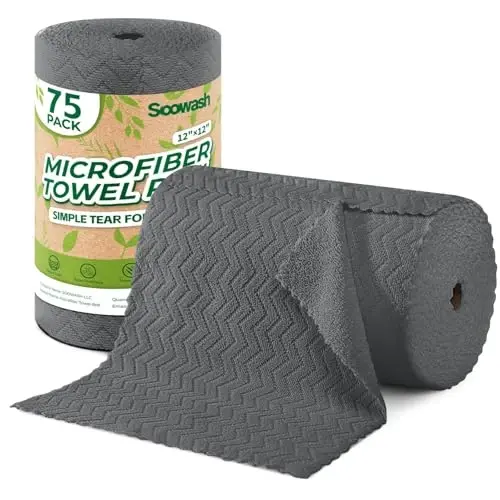 SOOWASH Microfiber Cleaning Cloths Roll 75 Pack 12x12 Inch Lint Free | Tear away design, lint free, washable, scratch free, ultra absorbent, for dish rags and household cleaning, Dark Grey color 