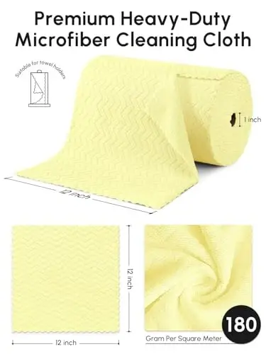 SOOWASH Microfiber Cleaning Cloths Roll 75 Pack 12x12 Inch Lint Free | Tear away design, lint free, washable, scratch free, ultra absorbent, for dish rags and household cleaning, Yellow color - 3