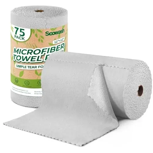 SOOWASH Microfiber Cleaning Cloths Roll 75 Pack 12x12 Inch Lint Free | Tear away design, lint free, washable, scratch free, ultra absorbent, for dish rags and household cleaning, Grey color 
