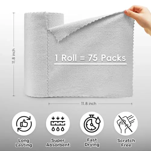 SOOWASH Microfiber Cleaning Cloths Roll, 75 Pack Tear Away Microfiber Towels Roll, 12