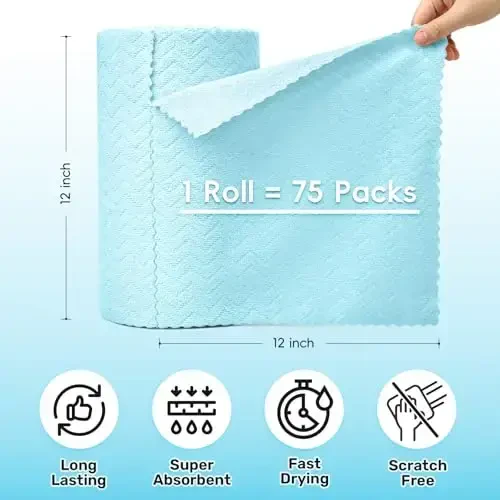 SOOWASH Microfiber Cleaning Cloths Roll, 75 Pack Tear Away Microfiber Towels Roll, 12