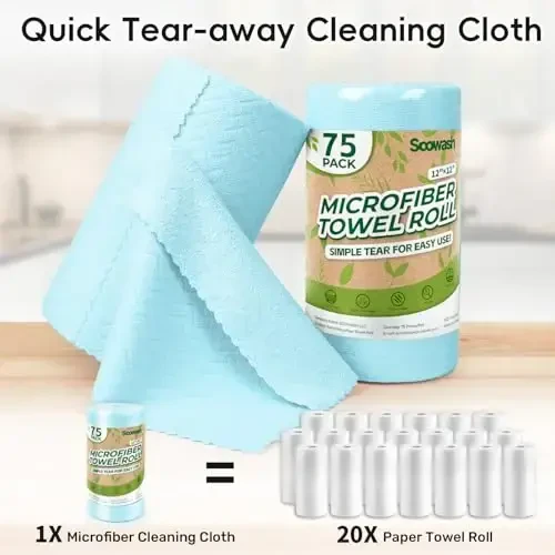 SOOWASH Microfiber Cleaning Cloths Roll, 75 Pack Tear Away Microfiber Towels Roll, 12