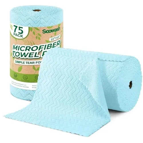 SOOWASH Microfiber Cleaning Cloths Roll 75 Pack 12x12 Inch Lint Free | Tear away design, lint free, washable, scratch free, ultra absorbent, for dish rags and household cleaning, blue color 
