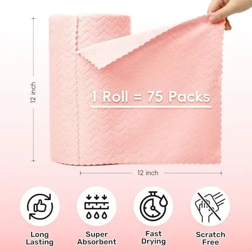 SOOWASH Microfiber Cleaning Cloths Roll, 75 Pack Tear Away Microfiber Towels Roll, 12