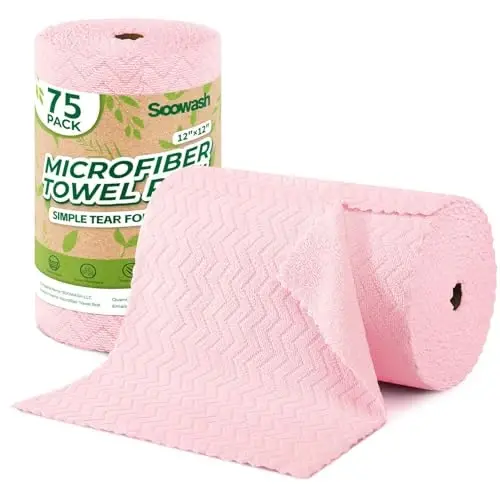 SOOWASH Microfiber Cleaning Cloths Roll 75 Pack 12x12 Inch Lint Free | Tear away design, lint free, washable, scratch free, ultra absorbent, for dish rags and household cleaning, Pink color 
