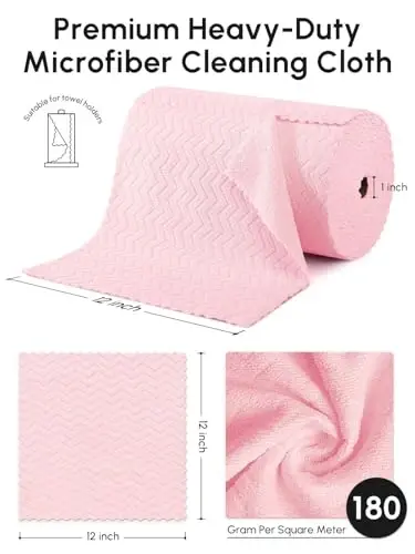 SOOWASH Microfiber Cleaning Cloths Roll 75 Pack 12x12 Inch Lint Free | Tear away design, lint free, washable, scratch free, ultra absorbent, for dish rags and household cleaning, Pink color - 3