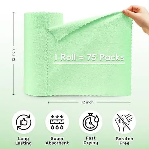 SOOWASH Microfiber Cleaning Cloths Roll, 75 Pack Tear Away Microfiber Towels Roll, 12