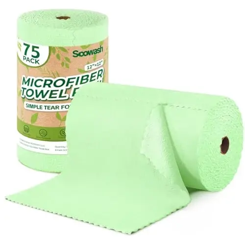 SOOWASH Microfiber Cleaning Cloths Roll 75 Pack 12x12 Inch Lint Free | Tear away design, lint free, washable, scratch free, ultra absorbent, for dish rags and household cleaning, Green color 