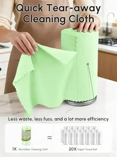 SOOWASH Microfiber Cleaning Cloths Roll 75 Pack 12x12 Inch Lint Free | Tear away design, lint free, washable, scratch free, ultra absorbent, for dish rags and household cleaning, Green color - 2