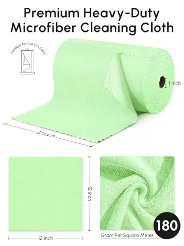 SOOWASH Microfiber Cleaning Cloths Roll 75 Pack 12x12 Inch Lint Free | Tear away design, lint free, washable, scratch free, ultra absorbent, for dish rags and household cleaning, Green color - 3