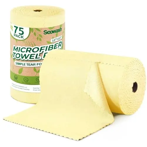 SOOWASH Microfiber Cleaning Cloths Roll 75 Pack 12x12 Inch Lint Free | Tear away design, lint free, washable, scratch free, ultra absorbent, for dish rags and household cleaning, Yellow color 