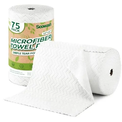 SOOWASH Microfiber Cleaning Cloths Roll 75 Pack 12x12 Inch Lint Free | Tear away design, lint free, washable, scratch free, ultra absorbent, for dish rags and household cleaning, White color 