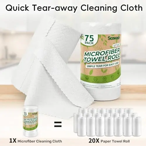 SOOWASH Microfiber Cleaning Cloths Roll, 75 Pack Tear Away Microfiber Towels Roll, 12